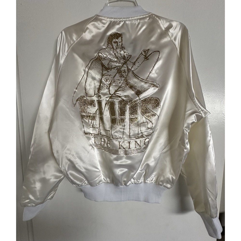 Vintage 80s Women's M Elvis Presley Ivory Satin Bomber Jacket Diamond Dust‎ Gold